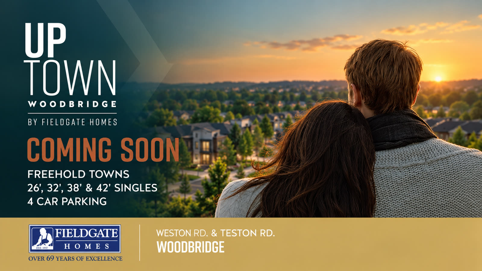 UpTown Woodbridge coming soon announcement showing freehold towns, singles and 4 car parking in Woodbridge, Vaughan
