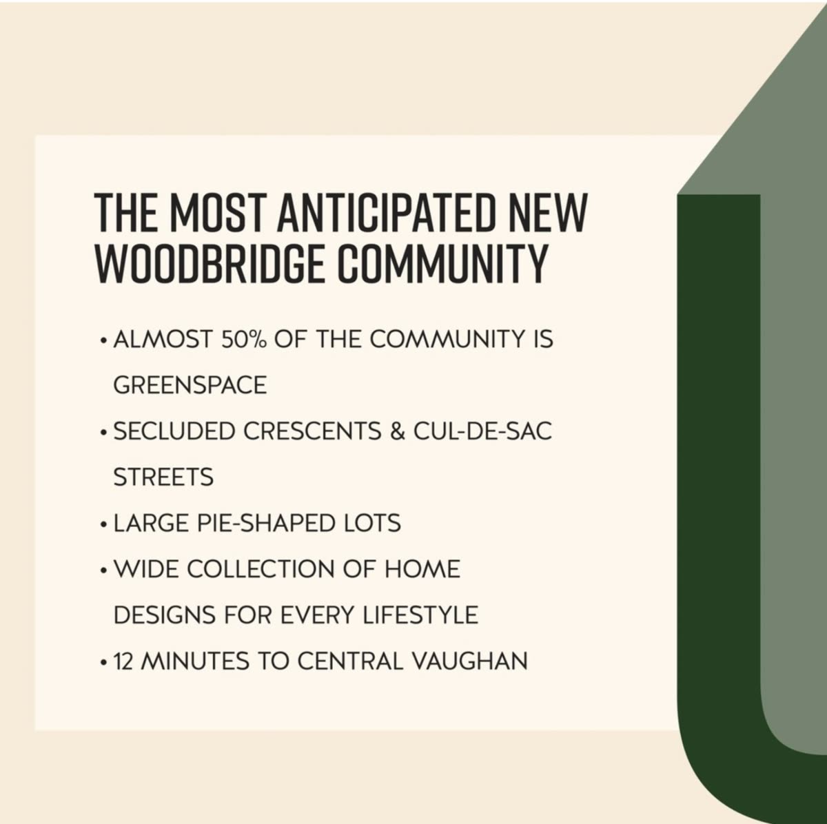 Fieldgate Homes highlights for UpTown Woodbridge: almost 50% greenspace, secluded crescents and cul-de-sacs, large pie-shaped lots and a wide collection of home designs